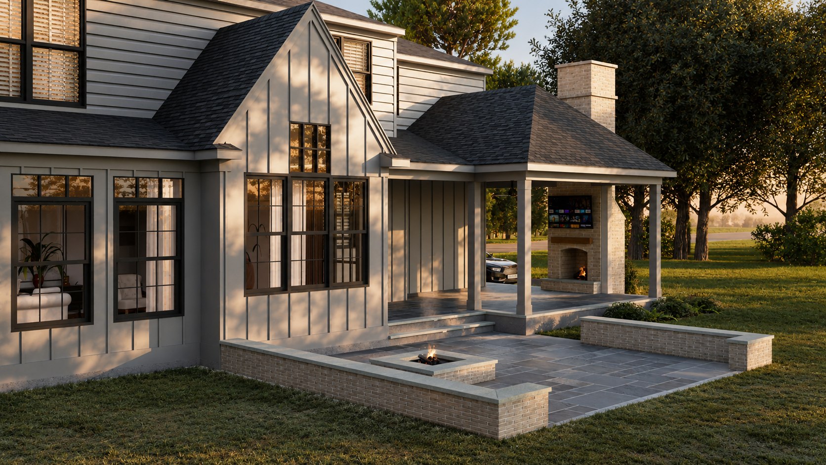 Photorealistic exterior rendering of a modern patio, covered porch, and fire feature at sunset